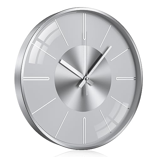 TOKTEKK Wanduhr Ohne Tickgeräusche Lautlos Modern wanduhren 12 Zoll Rund Geräuschlos Küchenuhr Aluminium Wall Clock Für Wohnzimmer Küche Schlafzimmer Und Büro(Silberne und weiße Skala) von TOKTEKK