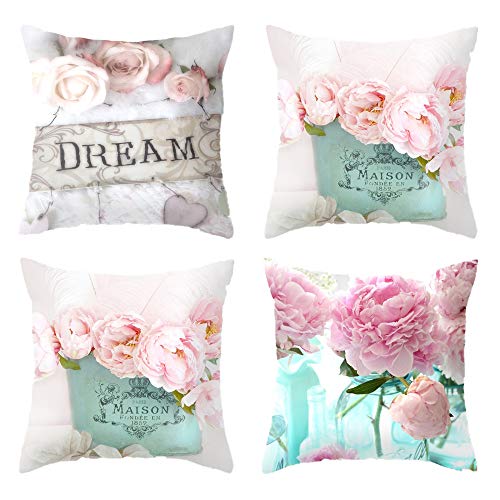 TOKYMOON Kissenbezug 4er Set Pfingstrose Rose Dekorative Kissenhülle Baumwolle Leinen Werfen Sie Kissenbezüge 45x45 cm Schlafzimmer Dekoration Dekokissen Kissenhülle Set von TOKYMOON