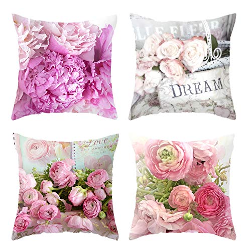 TOKYMOON Kissenbezug 4er Set Pfingstrose Rose Dekorative Kissenhülle Baumwolle Leinen Werfen Sie Kissenbezüge 45x45 cm Schlafzimmer Dekoration Dekokissen Kissenhülle Set von TOKYMOON