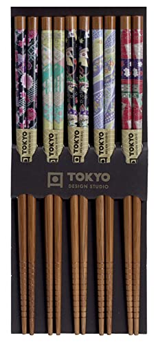TOKYO Design Essstäbchen Edelholz 5er Set Blumenmuster, Japanisches Design Sushi Stäbchen, Chinesisch, Japanisch, Koreanisch, Wiederverwendbare Holz Essstäbchen von TOKYO design studio