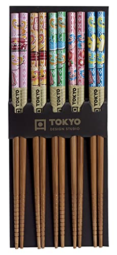 TOKYO Design Essstäbchen Edelholz 5er Set Bunte Drachen, Japanisches Design Sushi Stäbchen, Chinesisch, Japanisch, Koreanisch, Wiederverwendbare Holz Essstäbchen von TOKYO design studio