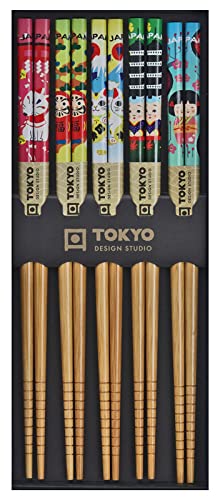TOKYO Design Essstäbchen Edelholz 5er Set Kawaii, Japanisches Sushi Stäbchen, Chinesisch, Koreanisch, Wiederverwendbare Holz Essstäbchen von TOKYO design studio
