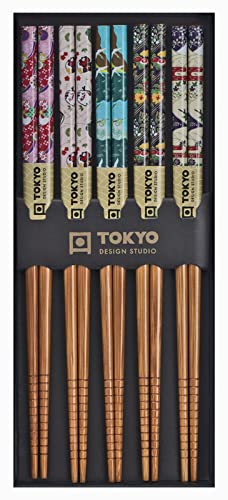 TOKYO Design Essstäbchen Edelholz 5er Set farbige Muster, Japanisches Design Sushi Stäbchen, Chinesisch, Japanisch, Koreanisch, Wiederverwendbare Holz Essstäbchen von TOKYO design studio