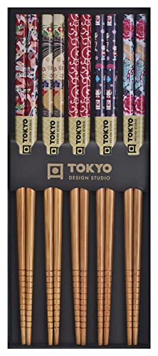 TOKYO Design Essstäbchen Edelholz 5er Set farbige Muster, Japanisches Design Sushi Stäbchen, Chinesisch, Japanisch, Koreanisch, Wiederverwendbare Holz Essstäbchen von TOKYO design studio