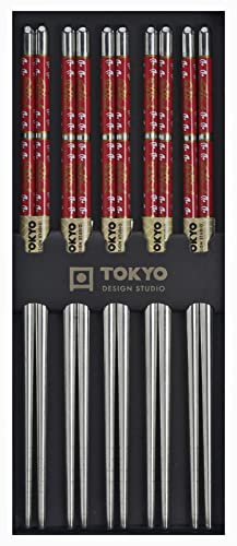 TOKYO Design Essstäbchen Edelstahl 5er Set Rot, Japanisches Design Sushi Stäbchen, Chinesisch, Japanisch, Koreanisch, Wiederverwendbare Metall Essstäbchen von TOKYO design studio