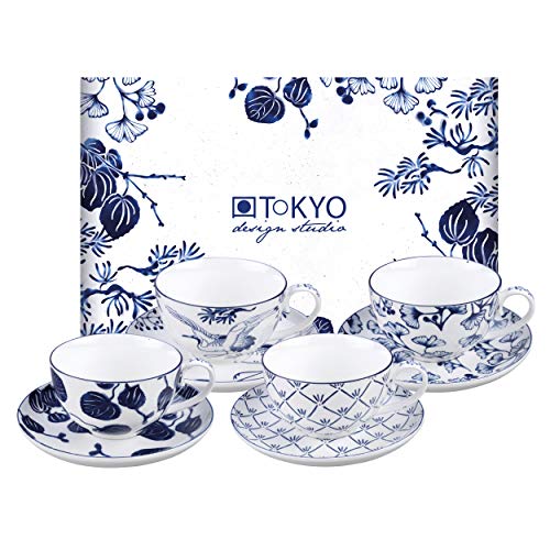 TOKYO design studio Flora Japonica 4-er Tassen-Set blau-weiß mit Untertassen, Ø 10 cm, 6,5 cm hoch, 250 ml, asiatisches Porzellan, Japanisches Blumen-Design von TOKYO design studio