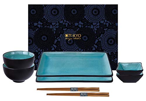 TOKYO Design Studio SUSHI Geschirr Set | Sushi Servier Set 8-teilig für 2 Personen | Steingut | 2 Sushi Teller, 2 Dipschälchen, 2 Reis Schalen und 2 Par Essstäbchen | In Geschenkbox von TOKYO design studio
