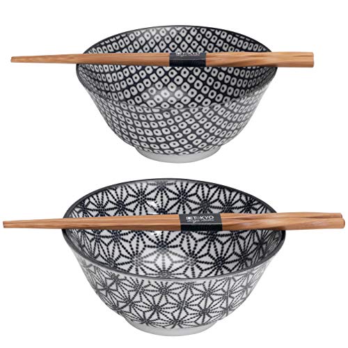 TOKYO Design Studio Tayo Schüssel Nippon Black 2er Set Schwarz-Weiß, Ø 15 cm, ca. 500 ml, Asiatisches Porzellan, Japanisches Design mit geometrischen Mustern, inkl. 2 Paar Chop-Sticks & Geschenkbox. von TOKYO design studio