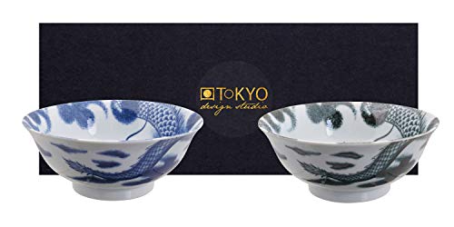 TOKYO design studio, Dragon (Drachen), Schüssel Set 2x21cm, Japan, rund. Zwei Schalen in dekorativer Geschenkbox. Schüsseln Porzellan Set. von TOKYO design studio