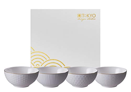 TOKYO design studio Nippon White 4-er Schalen-Set weiß, mit Gold-Rand, Ø 15 cm, 7 cm hoch, ca. 600 ml, asiatisches Porzellan, Japanisches Design, inkl. Geschenk-Verpackung von TOKYO design studio