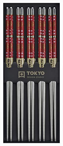 TOKYO design studio ESS-Stäbchen aus Edelstahl mit rotem Motiv, 5-er Set, Stainless Steel, 22,5 cm lang von TOKYO design studio