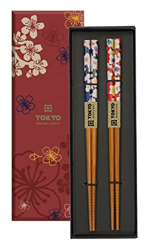 TOKYO design studio ESS-Stäbchen aus Holz, 2-er Set, Red & Blue Flower, 22,5 cm lang, inkl. Geschenk-Box von TOKYO design studio