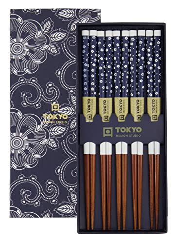 TOKYO design studio ESS-Stäbchen aus Holz, 5-er Set, Blue Flowers, 22,5 cm lang, inkl. Geschenk-Box von TOKYO design studio