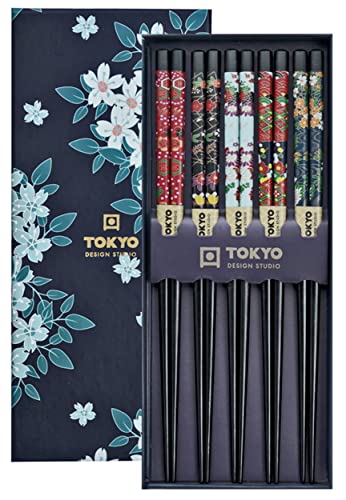 TOKYO design studio ESS-Stäbchen aus Holz, 5-er Set, Cherry Blossom Blue, 22,5 cm lang, inkl. Geschenk-Box von TOKYO design studio