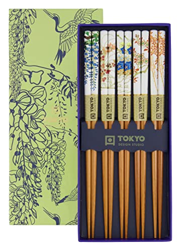 TOKYO design studio ESS-Stäbchen aus Holz, 5-er Set, Floral Patterns, 22,5 cm lang, inkl. Geschenk-Box von TOKYO design studio