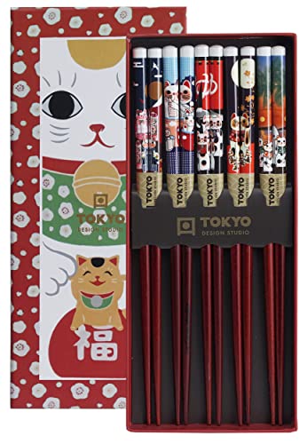 TOKYO design studio ESS-Stäbchen aus Holz, 5-er Set, Lucky Cats, 22,5 cm lang, inkl. Geschenk-Box von TOKYO design studio