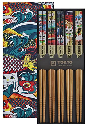 TOKYO design studio ESS-Stäbchen aus Holz, 5-er Set, Lucky and Koinobori, 22,5 cm lang, inkl. Geschenk-Box von TOKYO design studio