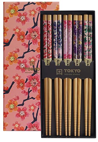 TOKYO design studio ESS-Stäbchen aus Holz, 5-er Set, Sakura Patterns, 22,5 cm lang, inkl. Geschenk-Box von TOKYO design studio