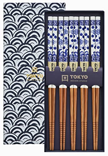TOKYO design studio ESS-Stäbchen aus Holz, 5-er Set, Wave Blue, 22,5 cm lang, inkl. Geschenk-Box von TOKYO design studio