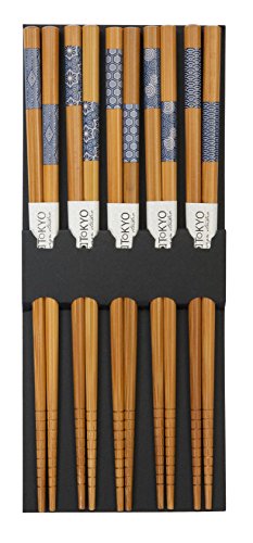 TOKYO design studio ESS-Stäbchen aus Holz, 5-er Set, blau-weiße asiatische Muster, 22,5 cm lang von TOKYO design studio