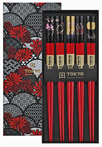TOKYO design studio ESS-Stäbchen aus Holz, 5-er Set, rot mit Asia-Muster, 22,5 cm lang, inkl. Geschenk-Box von TOKYO design studio