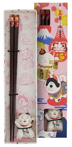 TOKYO design studio ESS-Stäbchen aus Holz mit Lucky Cat Esstäbchenhalter, 2-er Set, Red Glückliche Katze, 22,5 cm lang, inkl. Geschenk-Box von TOKYO design studio