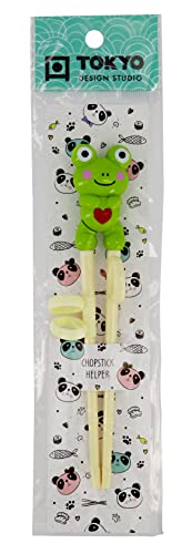TOKYO design studio ESS-Stäbchen für Kinder, Grün, 18 cm, mit süßem Frog als Halterung für Anfänger Mit Hilfringen von TOKYO design studio