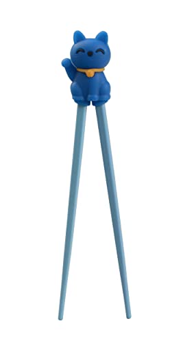 TOKYO design studio ESS-Stäbchen für Kinder, blau, 22 cm, mit süßer Glücks-Katze als Halterung für Anfänger, Stäbchen auswechselbar von TOKYO design studio