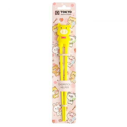 TOKYO design studio ESS-Stäbchen für Kinder, gelb, 22 cm, mit süßem Schwein als Halterung für Anfänger, Stäbchen auswechselbar von TOKYO design studio