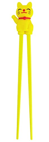 TOKYO design studio ESS-Stäbchen für Kinder, gelb, 22 cm, mit süßer Glücks-Katze als Halterung für Anfänger, Stäbchen auswechselbar von TOKYO design studio