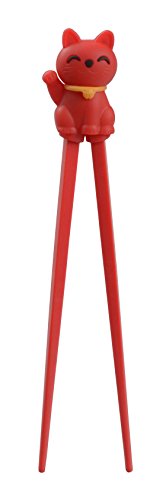 TOKYO design studio ESS-Stäbchen für Kinder, rot, 22 cm, mit süßer Glücks-Katze als Halterung für Anfänger, Stäbchen auswechselbar von TOKYO design studio