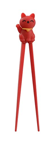 TOKYO design studio ESS-Stäbchen für Kinder, rot, 22 cm, mit süßer Glücks-Katze als Halterung für Anfänger, Stäbchen auswechselbar von TOKYO design studio