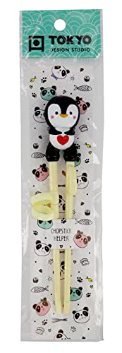 TOKYO design studio ESS-Stäbchen für Kinder, schwarz, 18 cm, mit süßem Penguin als Halterung für Anfänger Mit Hilfringen von TOKYO design studio
