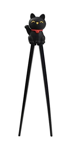 TOKYO design studio ESS-Stäbchen für Kinder, schwarz, 22 cm, mit süßer Glücks-Katze als Halterung für Anfänger, Stäbchen auswechselbar von TOKYO design studio