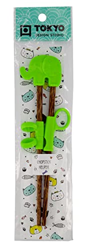 TOKYO design studio ESS-Stäbchen für Kinder aus Holz, Grün, 20 cm, mit süßem Elephant als Halterung für Anfänger Mit Hilfringen von TOKYO design studio