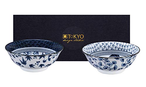 TOKYO design studio Flora Japonica 2-er Schalen-Set blau-weiß, Ø 20,3 cm, 8 cm hoch, ca. 1000 ml, asiatisches Porzellan, Japanisches Blumen-Design, inkl. Geschenk-Verpackung von TOKYO design studio