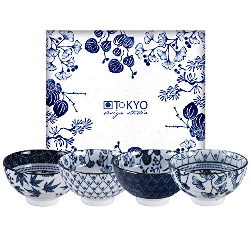 TOKYO design studio Flora Japonica 4-er Schalen-Set blau-weiß, Ø 12 cm, 6,3 cm hoch, ca. 300 ml, asiatisches Porzellan, Japanisches Blumen-Design, inkl. Geschenk-Verpackung von TOKYO design studio
