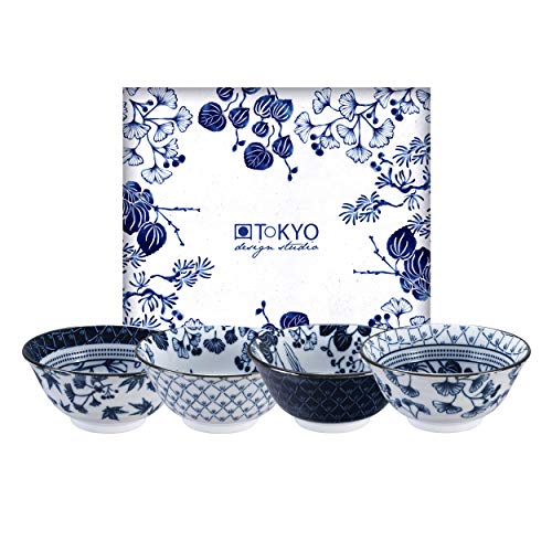 TOKYO design studio Flora Japonica 4-er Schalen-Set blau-weiß, Ø 14,8 cm, 7 cm hoch, ca. 500 ml, asiatisches Porzellan, Japanisches Blumen-Design, inkl. Geschenk-Verpackung von TOKYO design studio