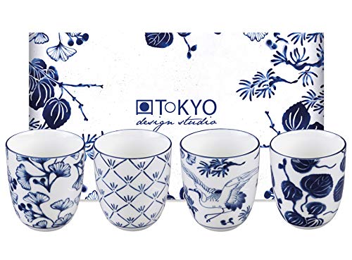 TOKYO design studio Flora Japonica 4-er Tassen-Set blau-weiß, ohne Henkel (Becher), Ø 6,7 cm, 7,7 cm hoch, 170 ml, asiatisches Porzellan, Japanisches Blumen-Design, inkl. Geschenk-Verpackung von TOKYO design studio