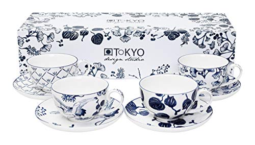 TOKYO design studio Flora Japonica 4-er Tassen-Set blau-weiß mit Untertassen, 100 ml, asiatisches Porzellan, Japanisches Blumen-Design, inkl. Geschenk-Verpackung von TOKYO design studio
