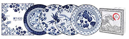 TOKYO design studio Flora Japonica 4-er Teller-Set blau-weiß, Ø 25,7 cm, ca. 3 cm hoch, asiatisches Porzellan, Japanisches Blumen-Design, inkl. Geschenk-Verpackung von TOKYO design studio