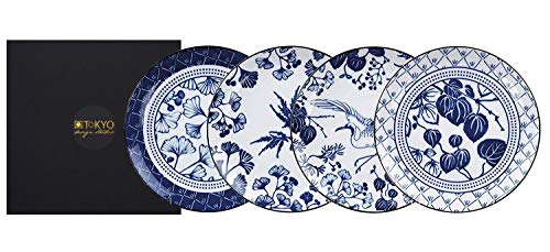 TOKYO design studio Flora Japonica 4-er Teller-Set blau-weiß, Ø 25,7 cm, ca. 3 cm hoch, asiatisches Porzellan, Japanisches Blumen-Design, inkl. Geschenk-Verpackung von TOKYO design studio