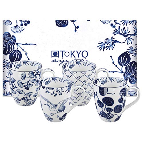 TOKYO design studio Flora Japonica 4er Tassen-Set blau-weiß, Ø 8,5 cm, 10,2 cm hoch, 380 ml, asiatisches Porzellan, Japanisches Blumen-Design, inkl. Geschenk-Verpackung von TOKYO design studio