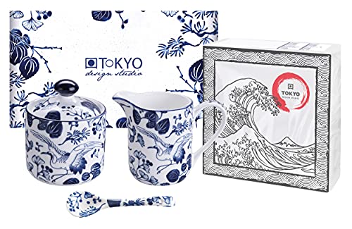 TOKYO design studio Flora Japonica Milchkännchen & Zuckerdose Set, 3-TLG., inkl. Praktischem Löffelchen, asiatisches Porzellan, Japanisches Design, inkl. Geschenk-Verpackung von TOKYO design studio