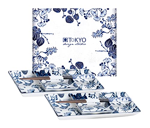 TOKYO design studio Flora Japonica Sushi-Set blau-weiß, 6-TLG., 2X Sushi-Platten, 2X Saucenschalen, 2X Essstäbchen, asiatisches Porzellan, Japanisches Design, inkl. Geschenk-Verpackung von TOKYO design studio