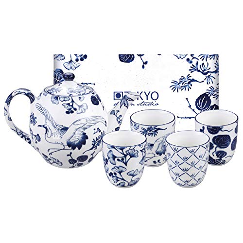 TOKYO design studio Flora Japonica Tee-Set blau-weiß, 5-TLG., 1x Tee-Kanne 1,25 l und 4X Tee-Tassen 170 ml, asiatisches Porzellan, Japanisches Blumen-Design, inkl. Geschenk-Verpackung von TOKYO design studio