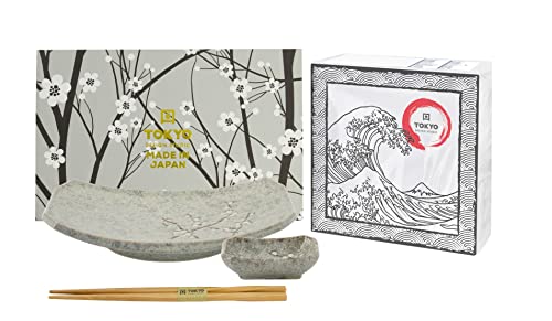 TOKYO design studio Gey Soshun Sushi-Set grün -weiß, 3-TLG., Sushi-Platte, Saucenschale, Stäbchen, asiatisches Porzellan, inkl. Geschenkverpackung und exklusiven Servietten von TOKYO design studio