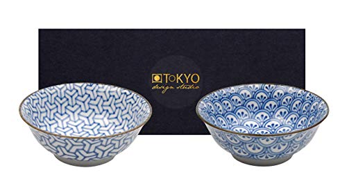 TOKYO design studio Mixed Bowls Kristall 2-er Schalen-Set blau-weiß, Ø 21 cm, ca. 1000 ml, asiatisches Porzellan, Japanisches Design, inkl. Geschenk-Verpackung von TOKYO design studio