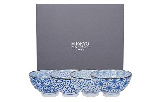 TOKYO design studio Mixed Bowls Kristall 4-er Schalen-Set blau-weiß, Ø 12 cm, ca. 300 ml, asiatisches Porzellan, Japanisches Design mit geometrischen Mustern, inkl. Geschenk-Verpackung von TOKYO design studio