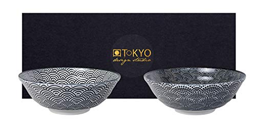 TOKYO design studio Nippon Black 2-er Schalen-Set schwarz-weiß, Ø 21 cm, ca. 1000 ml, asiatisches Porzellan, Japanisches Design mit schwarzen Mustern, inkl. Geschenk-Verpackung von TOKYO design studio